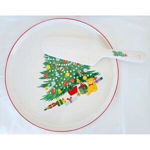 Vintage Christmas Tree Cake Plate & Serving Spatula Matching Set In Box Holiday